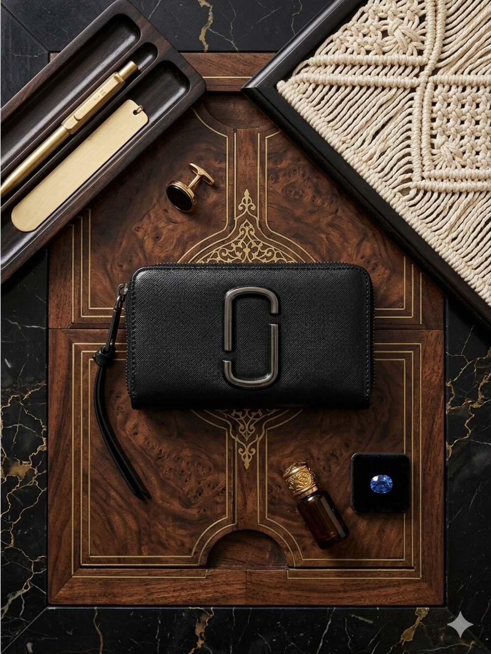 Marc Jacobs Black Leather Zip Card & Key Pouch with Double J Hardware
